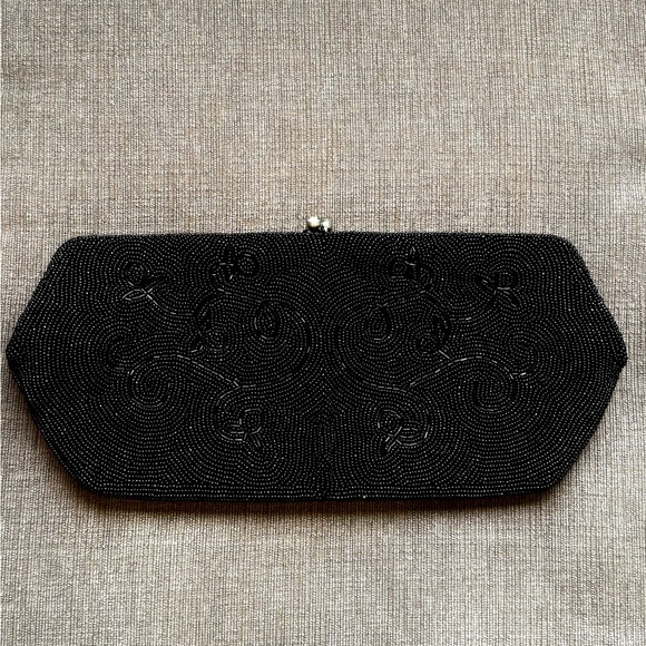 Vintage Black Beaded Clutch with Rhinestone Closure Formal Evening Purse Bag - Picture 6 of 10